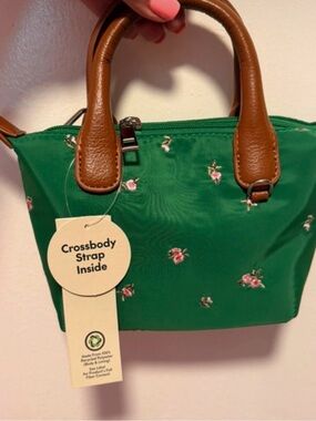 Green Floral Crossbody Handbag with Brown Handles
